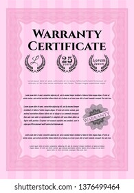 Pink Retro Warranty template. With great quality guilloche pattern. Vector illustration. Money Pattern. 