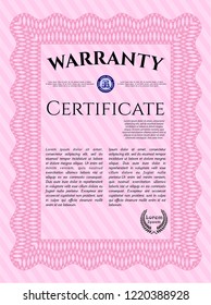 Pink Retro Warranty template. With guilloche pattern. Excellent design. Detailed. 