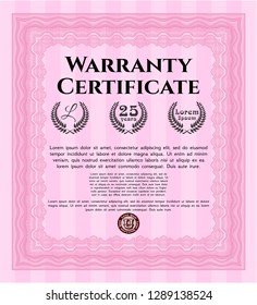 Pink Retro Warranty template. Money style design. With background. Detailed. 