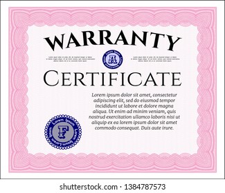Pink Retro Warranty template. Printer friendly. Vector illustration. Money style design. 