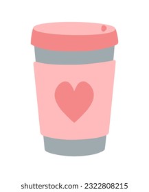 Pink reusable cup for hot drinks with lid and heart. Travel coffee mug. Tumbler cup, vacuum flask mug with lid. Paper coffee cup. For greeting card, print, sticker. Illustration for valentine's day.