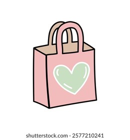 Pink reusable shopping bag doodle and flat illustration with heart symbol

