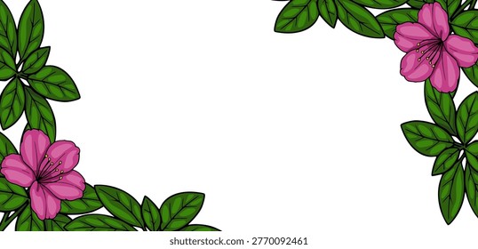 Pink Rhododendron Flower and Green Leaf Corner Banner Vector Illustration