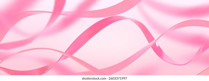 Pink ribbon abstract background - smooth glossy curved lines on pale surface. Delicate pastel rose feminine illustration for cosmetic advertising, romantic greeting card, wedding invitation design.