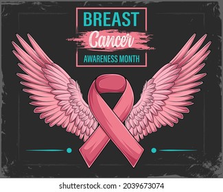 Pink ribbon with angel wings, Breast Cancer awareness month concept, Women health care support symbol. female hope and fight concept