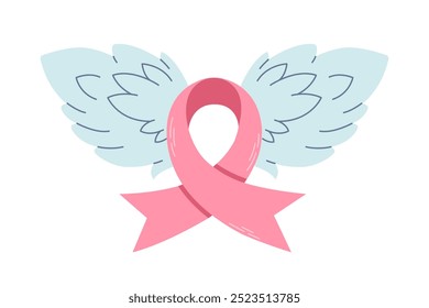 Pink ribbon with angel wings spread as a symbol of hope and support