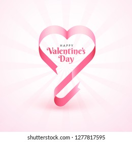 Pink ribbon arranged in heart shape with stylish lettering of Valentine's day on ray background.