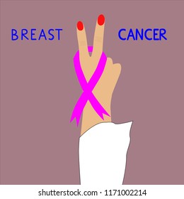 Pink ribbon awareness of breast cancer and hand with a gesture of victory