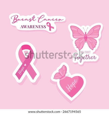 Pink ribbon awareness vector set with butterfly, heart and hope quotes for Breast Cancer Awareness Month. Symbol of prevention, support, strength and care for women’s health and oncology.