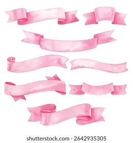 Pink ribbon banners collection. Big ribbons set. Ribbons collection isolated on white background. hand draw watercolor.
