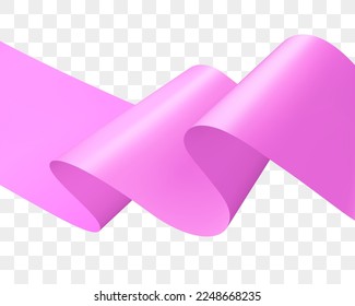 Pink Ribbon with beautiful big waves. Rose colored ribbon flutters in the wind. Three-dimensional wavy rosy flag isolated on transparent background. Pinkish ribbon. Realistic 3D vector illustration