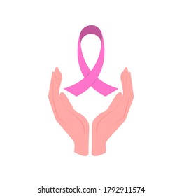 Pink ribbon between two palms. Hands are holding breast cancer symbol. Vector color icon isolated on white background, cartoon design, eps 10.