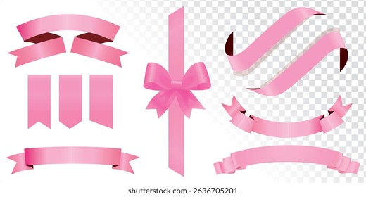 pink ribbon bow collection. Bowknot for decoration, big set of pinky bowtie, Pink ribbon banners collection. Big ribbons set. Ribbons collection isolated on white background. Royal ribbons set.