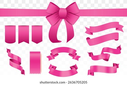 pink ribbon bow collection. Bowknot for decoration, big set of pinky bowtie, Pink ribbon banners collection. Big ribbons set. Ribbons collection isolated on white background. Royal ribbons set.