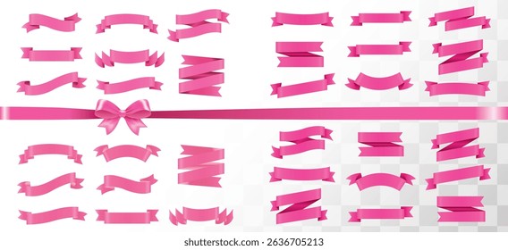 pink ribbon bow collection. Bowknot for decoration, big set of pinky bowtie, Pink ribbon banners collection. Big ribbons set. Ribbons collection isolated on white background. Royal ribbons set.