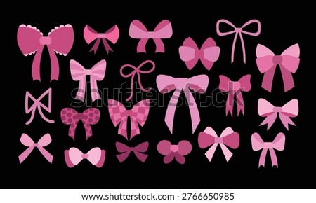Pink ribbon bow collection in cute girly flat style. Decorative ribbon shapes with soft colors and playful design. Ideal for fashion branding, beauty projects, packaging, stickers, invitations and social media graphics.