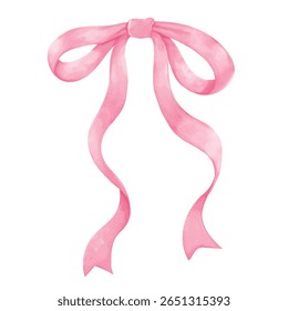 Pink Ribbon Bow for Decoration. Watercolor Vector Illustration