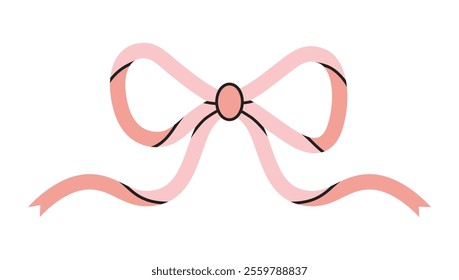 Pink ribbon bow, decorative bowknot for gift packaging. Coquette and balletcore aesthetic, girly accessory. Trendy modern vector illustration isolated on white, hand drawn, flat design