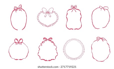 Pink Ribbon bow frame set border and element collection. Coquette vintage sketch line hand drawn. Design element for greeting cards, wedding and birthday party, picnic invitations