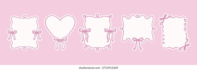 Marcos de lazo y cinta rosa en estilo doodle vintage. Ilustración vectorial con líneas suaves y estética coqueta femenina. Linda colección de borde decorativo. Ilustración vectorial para tarjetas, invitaciones de cumpleaños
