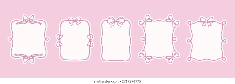 Rosa Band- und Bogenrahmen im Vintage-Doodle-Stil. Vektorgrafik mit sanften Linien und mädchenhafter Coquette-Ästhetik. Nette dekorative Randkollektion. Vektorgrafik für Karten, Geburtstagseinladungen