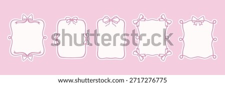 Pink ribbon and bow frames in vintage doodle style. Vector illustration with soft lines and girly coquette aesthetic. Cute decorative border collection. Vector illustration for cards, birthday invites