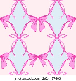 Fita Rosa Bow Garland Padrão Sem Costura. Coquette, Vintage e design feminino com guirlanda desenhada à mão de arcos cor-de-rosa sobre azul. Estética rococó para fundo romântico. Impressões de tecido, embrulho para presente