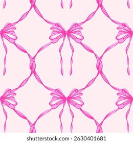 Pink Ribbon Bow Garland Seamless Pattern. Coquette, Vintage and feminine design with hand-drawn garland of pink bows. Rococo aesthetics for romantic background. Fabric prints, gift wrap
