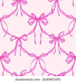 Pink Ribbon Bow Garland Seamless Pattern. Coquette, Vintage and feminine design with hand-drawn garland of pink bows. Rococo aesthetics for romantic background. Fabric prints, gift wrap