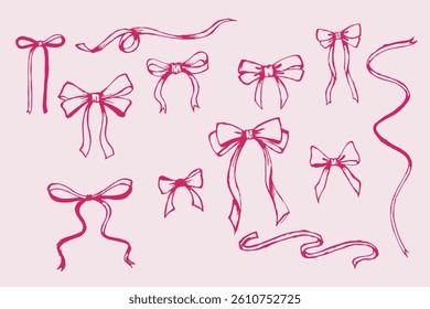 pink ribbon and bow hand drawn set 