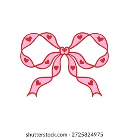 Arco de cinta rosa con patrones de corazón y bucles simétricos. Decoraciones de coquetas románticas. Ilustración vectorial de contorno rojo dibujado a mano. Diseño para la tarjeta de felicitación, San Valentín