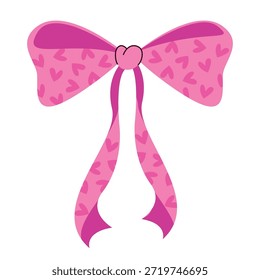 Pink ribbon bow with heart-shaped pattern and long tails, romantic decorative element for Valentine's Day, isolated on white background. Hair accessory