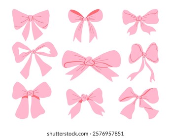 Pink Ribbon Bow Icon Elegant Styles.A charming collection of pink ribbon bows in various shapes and sizes, perfect for decorations, gift wrapping, or feminine design projects