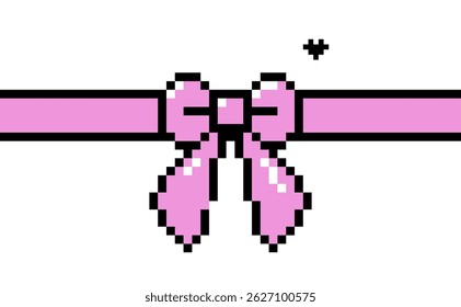 Pink ribbon bow icon in pixel art. Y2k inspired gift bow wrapping icon. Mood of 90's. 8 bit retro style isolated vector illustration on white background. Game abstract chic decoration element