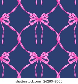 Pink Ribbon Bow Lattice Seamless Pattern on purple. Coquette, Vintage and Romantic checkered pattern on dark blue with bows. Rococo background for feminine projects, vintage Valentines Day