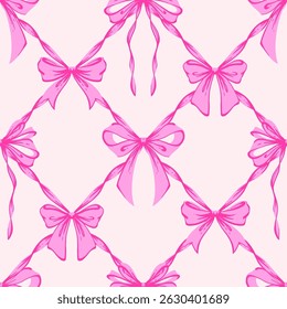 Pink Ribbon Bow Lattice Seamless Pattern. Coquette, Vintage and Romantic checkered pattern with bows. Rococo background for feminine projects, vintage wrapping paper, textiles, and Valentines Day