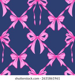 Pink Ribbon Bow Lattice Seamless Pattern on purple. Coquette, Vintage and Romantic checkered pattern on dark blue with bows. Rococo background for feminine projects, vintage wrapping paper