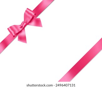 Pink Ribbon Bow Realistic shiny satin with shadow place on corner of paper for decorate your wedding invitation card,greeting card, certificate or gift boxes vector EPS10 isolated on white background.