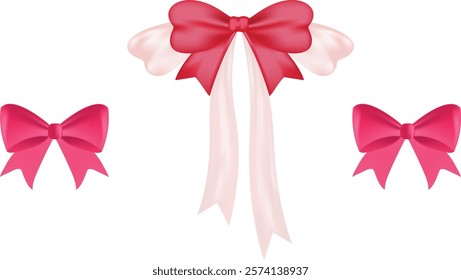 Pink Ribbon Bow Realistic shiny satin with shadow horizontal ribbon for decorate your wedding, greeting on white background.