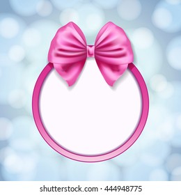 pink ribbon bow and round frame on blurry blue background. vector illustration