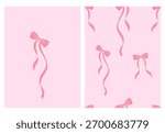 Pink ribbon bow seamless pattern vector set, pastel background with long flowing tails and scattered bows, cute feminine repeat design for fabric, wrapping paper, and wallpaper.