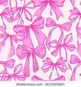 Pink Ribbon Bow Seamless Pattern. Hand-Drawn Rococo Soft and Feminine Pink Background. Romantic, Coquette Design. Perfect for Fabric, Stationery, Wrapping, and Digital Projects.