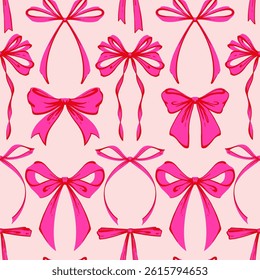 Pink Ribbon Bow Seamless Pattern. Hand-Drawn Rococo Soft and Feminine Pink Background. Romantic, Coquette Design. Perfect for Fabric, Stationery, Wrapping, and Digital Projects.