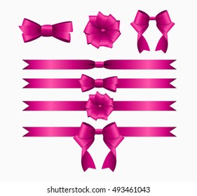 Pink Ribbon and Bow Set for Birthday and Christmas Gift Box. Realistic Silk Ribbon Decoration. Vector Illustration EPS10 