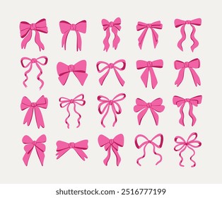 Pink Ribbon Bow Set for Decoration. A collection of 16 unique pink bows in various styles. Perfect for gift wrapping, crafts, and digital design projects.