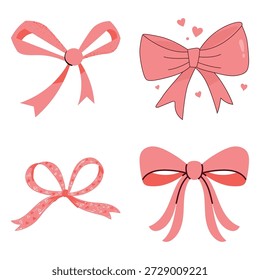 Conjunto de lazo de cinta rosa. Nudos decorativos de Vector y corbatas de regalo para la decoración del presente del día de San Valentín aislados en blanco