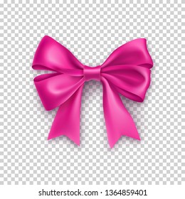 Pink ribbon bow with shadow isolated on transparent background. Realistic decoration for holidays events. Beautiful decor object from silk vector illustration. Christmas or birthday decoration