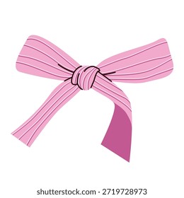 Pink ribbon bow in a thin strip with delicate folds and a tied knot, isolated on a white background. Vector illustration for Valentine's Day, birthday gift, wrapping and decorations.