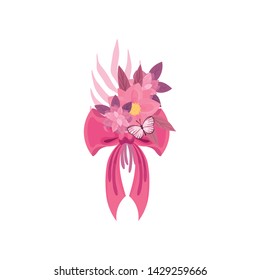 Pink ribbon bow. Vector illustration on white background.