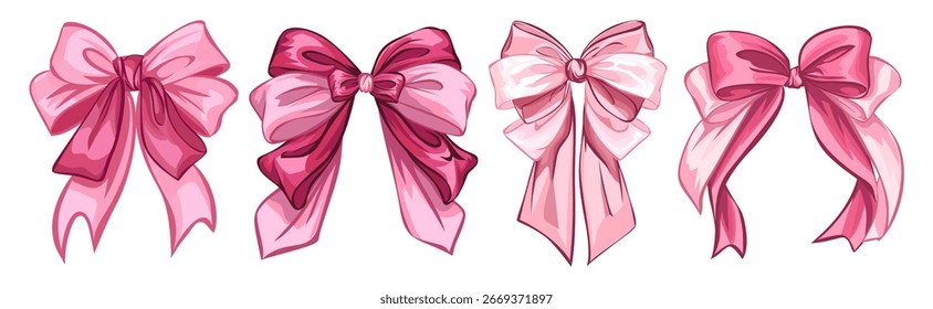 Pink Ribbon Bow Vector Set. Elegant Decorative Bows Clipart for Gift Wrapping, Cards, Crafts, and Design Projects